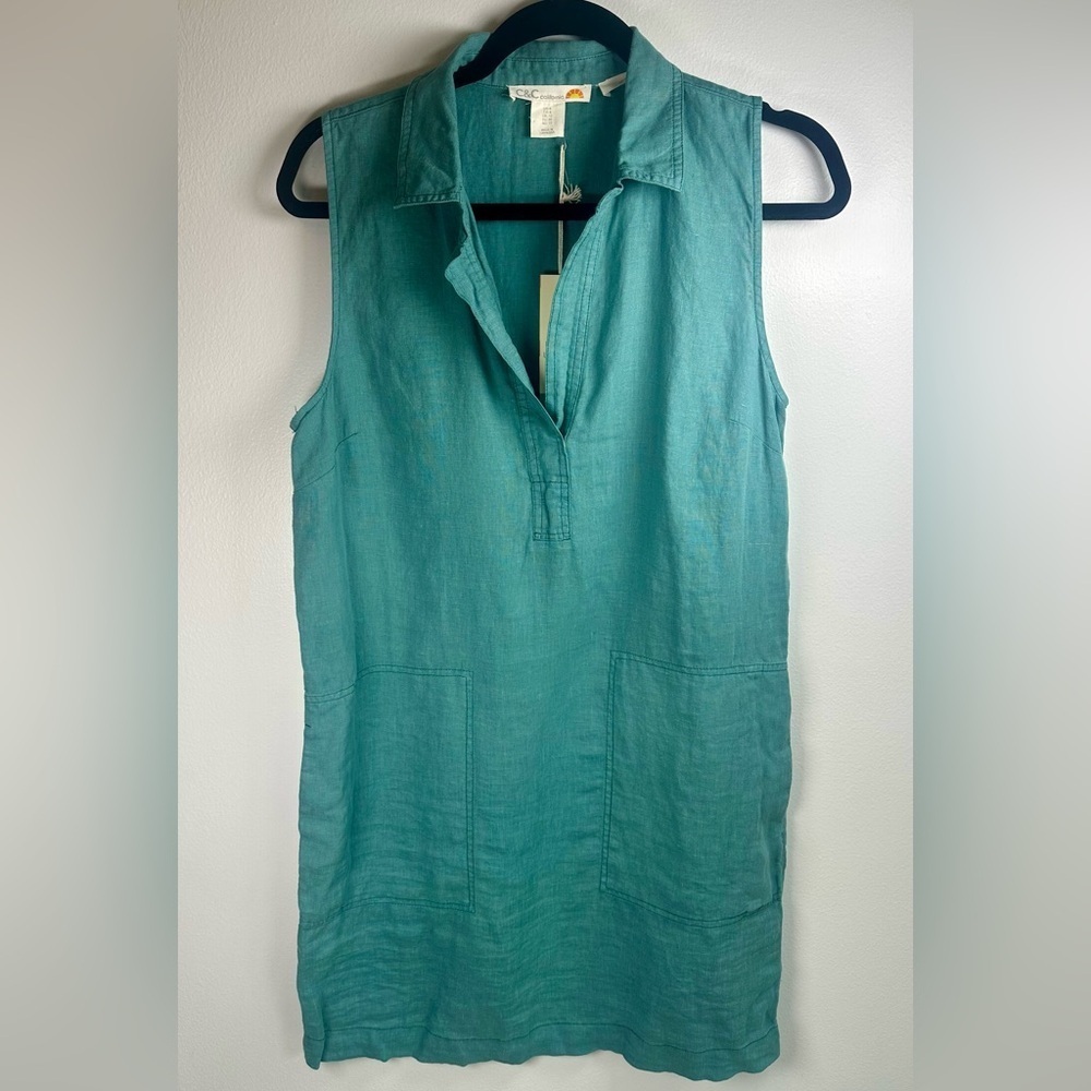 C&C California Green Sleeveless Tank Dress 100% Linen Size 6 New